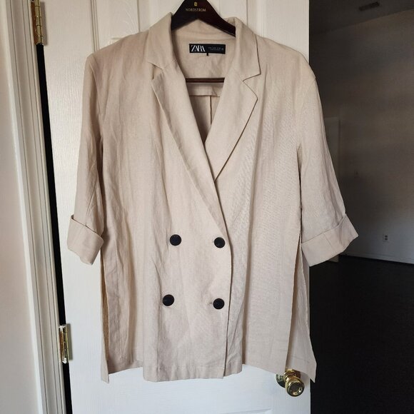 Zara Jackets & Blazers - Zara Beige Linen Blend Double-Breasted Blazer | Medium